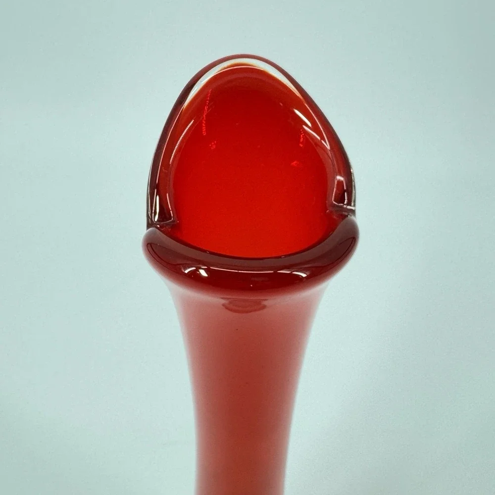 Vintage Red Orange Art Glass Vase Hand Blown Sculptural Flared Rim 12